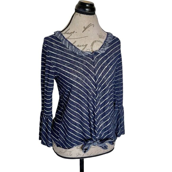 Coin 1804 Womens Blouse Sz Medium Striped Bell Sleeve Tie Front V Neck Ruffle - Picture 4 of 15